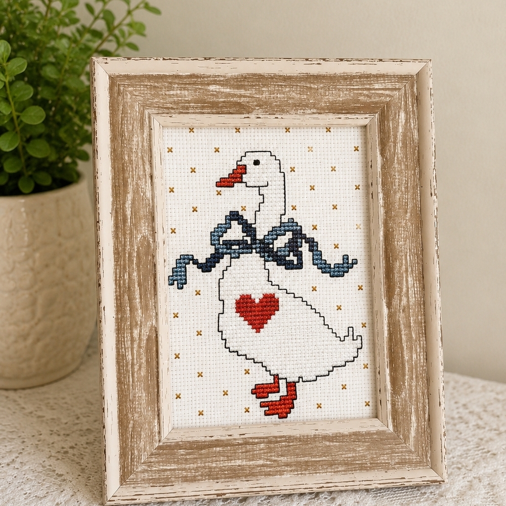 Framed *PRINT* of a Goose with Heart and Bow- 5 X 7 In.